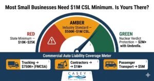 Commercial auto liability coverage meter showing minimum recommended and maximum protection tiers