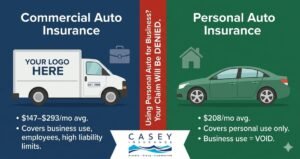 Commercial auto insurance vs personal auto insurance comparison infographic for business owners