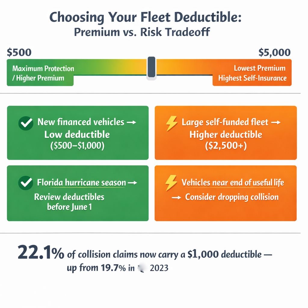 Fleet vehicle deductible decision guide infographic showing premium vs risk tradeoff for commercial vehicles