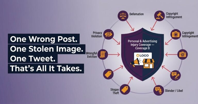 Personal and advertising injury coverage shield protecting business brand from defamation copyright infringement lawsuits