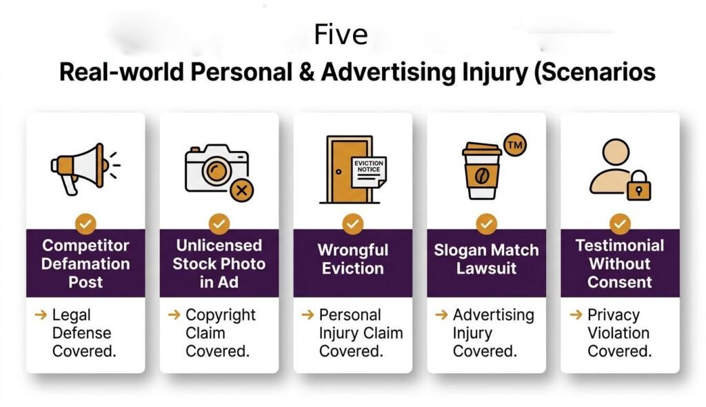 Personal and advertising injury coverage shield protecting business brand from defamation copyright infringement lawsuits