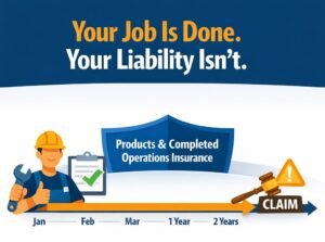 Products and completed operations insurance infographic showing contractor liability timeline