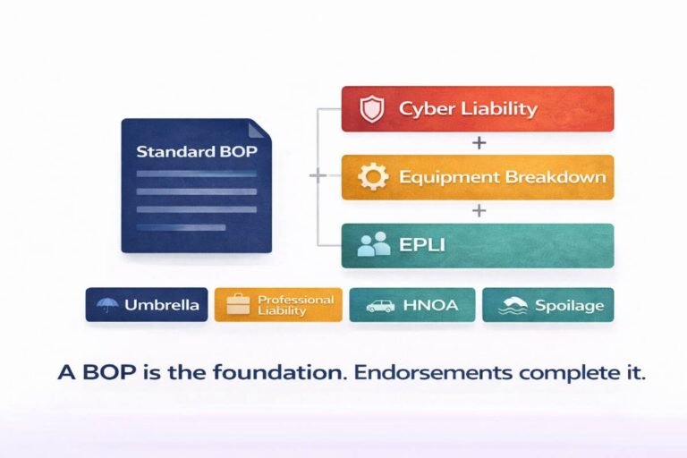 BOP endorsements add-on coverage options for small business showing cyber liability equipment breakdown EPLI