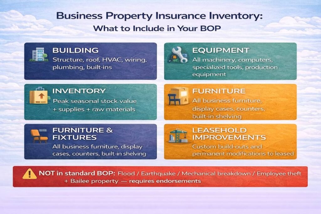 BOP property coverage asset inventory checklist infographic for commercial buildings equipment and inventory