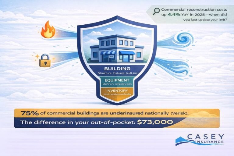 BOP property coverage shield infographic protecting commercial building equipment and inventory from fire theft and storm