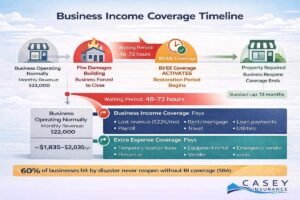 Business income and extra expense coverage timeline infographic showing how BI coverage works during a shutdown