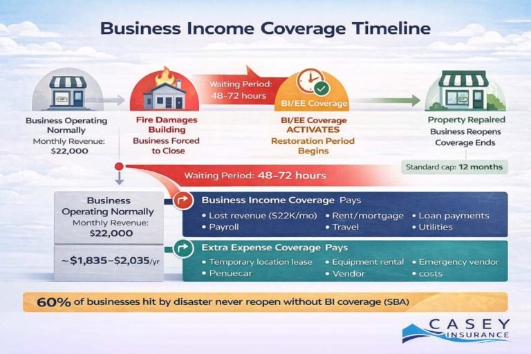 Business income and extra expense coverage timeline infographic showing how BI coverage works during a shutdown