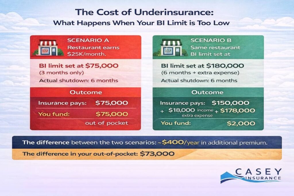Business income insurance underinsurance consequence comparison infographic showing cost of setting wrong BI limit