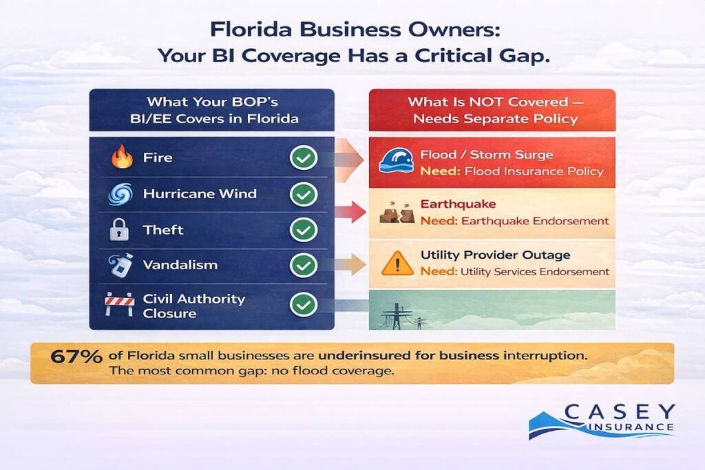 Florida business income insurance flood exclusion gap infographic showing what BI coverage does not cover
