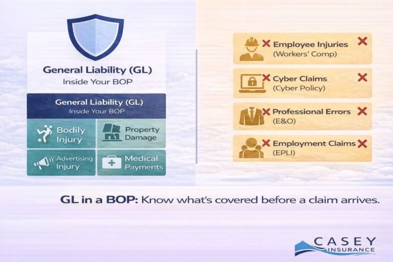 General liability coverage inside a BOP showing what is covered and excluded including bodily injury property damage and advertising injury