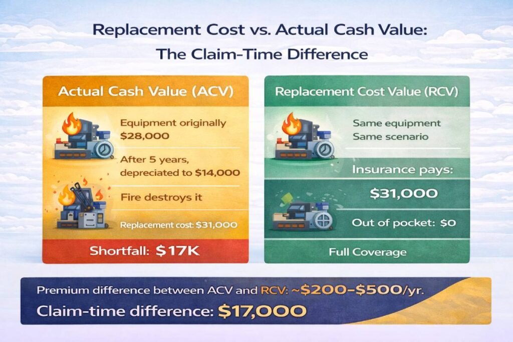 Replacement cost vs actual cash value commercial property insurance claim comparison infographic