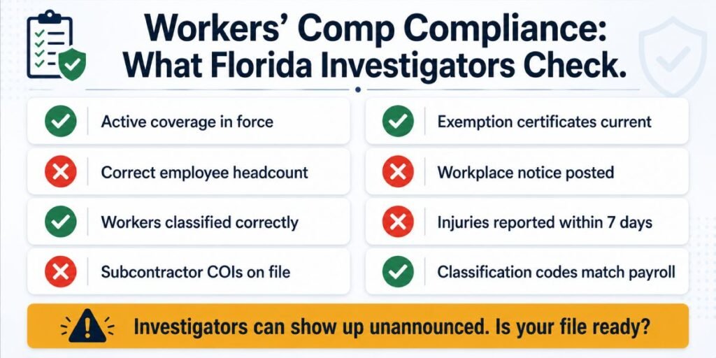 Workers comp compliance checklist Florida 2026 showing what investigators check during enforcement inspections