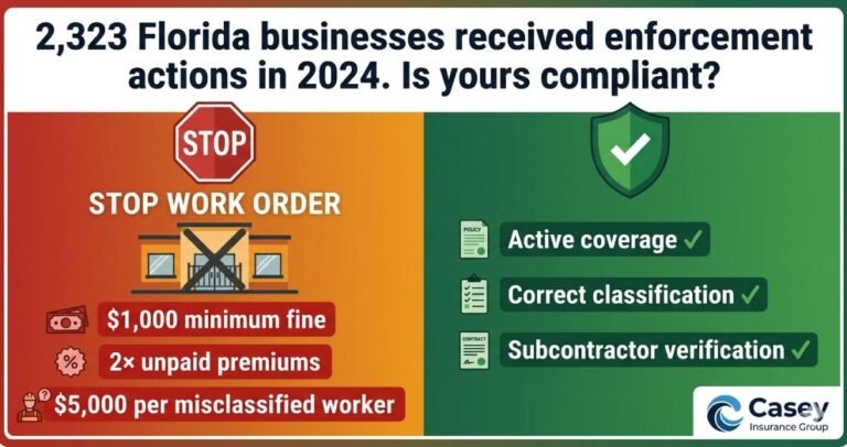 Workers comp compliance Florida 2026 stop work order penalties infographic showing misclassification and non-coverage consequences