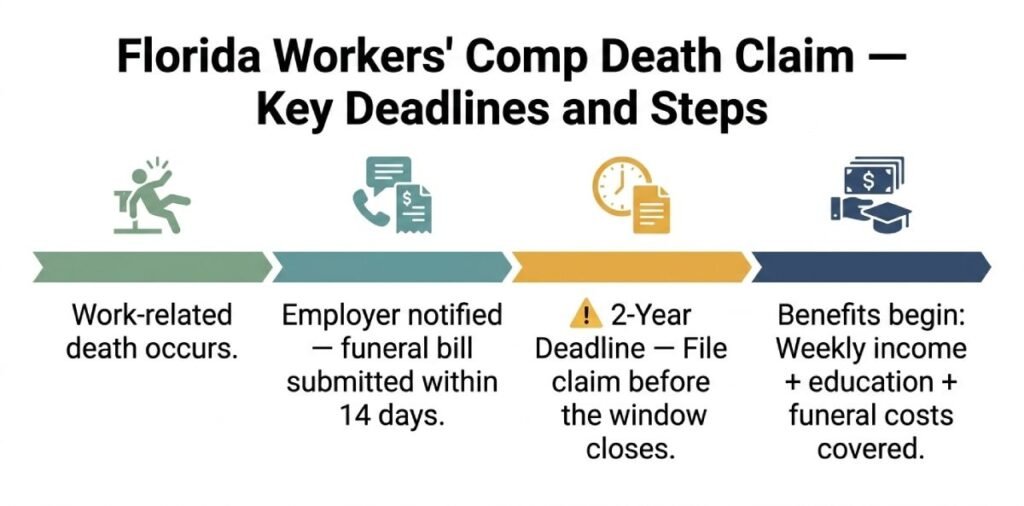 Florida workers comp death benefits filing timeline showing deadlines and steps from death to benefit payment