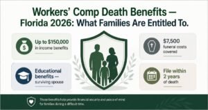 Workers comp death benefits survivor benefits infographic Florida 2026 showing family income funeral and educational benefits