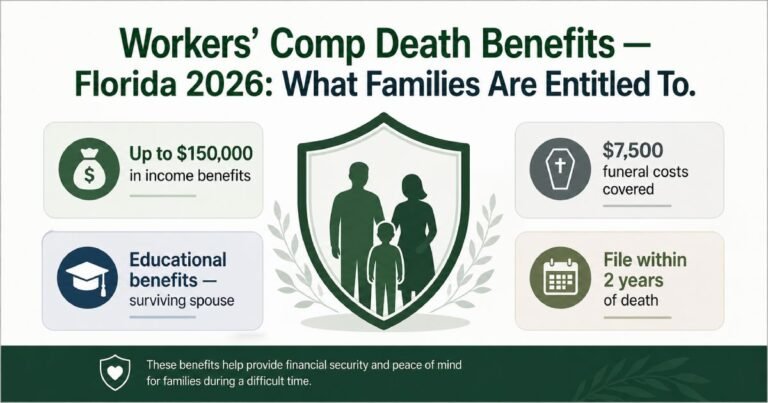 Workers comp death benefits survivor benefits infographic Florida 2026 showing family income funeral and educational benefits