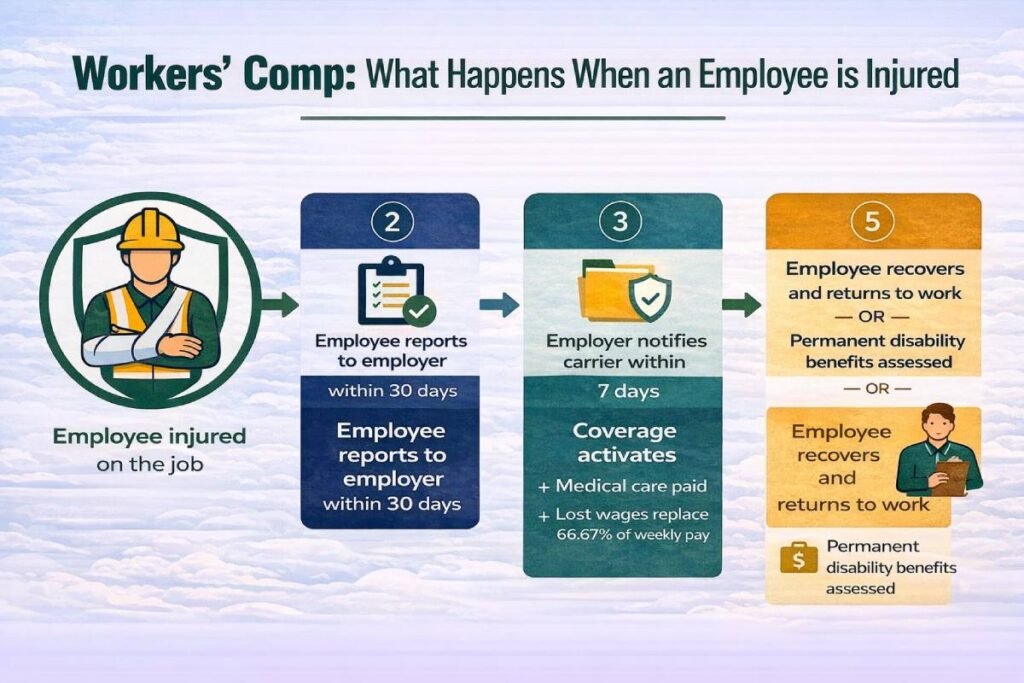 Workers compensation insurance claim process flow diagram showing steps from injury to benefits
