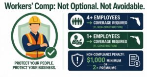 Workers compensation insurance employer requirements infographic showing Florida thresholds penalties and coverage requirements