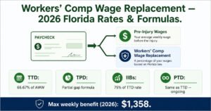 Workers comp lost wage protection benefit types showing TTD TPD and impairment income calculation formulas Florida 2026