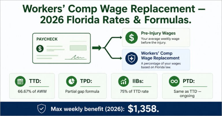 Workers comp lost wage protection benefit types showing TTD TPD and impairment income calculation formulas Florida 2026