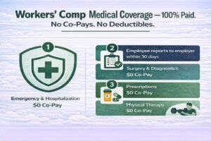 Workers comp medical coverage infographic showing 100% coverage for emergency care surgery prescriptions and physical therapy with zero employee copay
