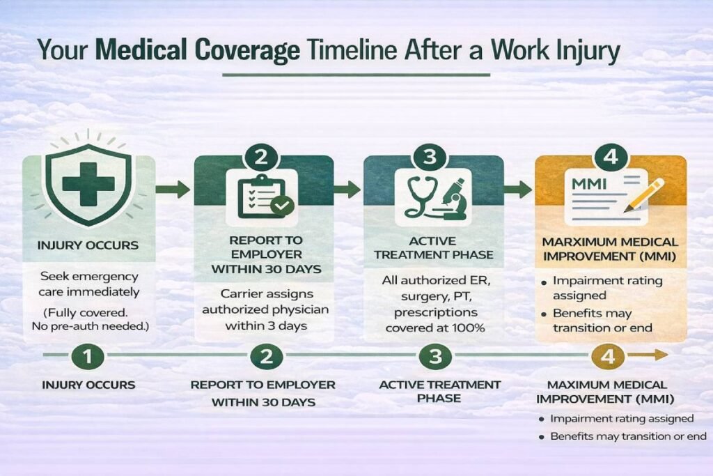 Workers compensation medical coverage timeline showing emergency care through maximum medical improvement and benefit stages