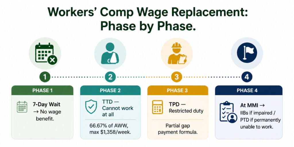 Workers comp wage replacement benefits timeline showing TTD TPD impairment income and permanent disability phases